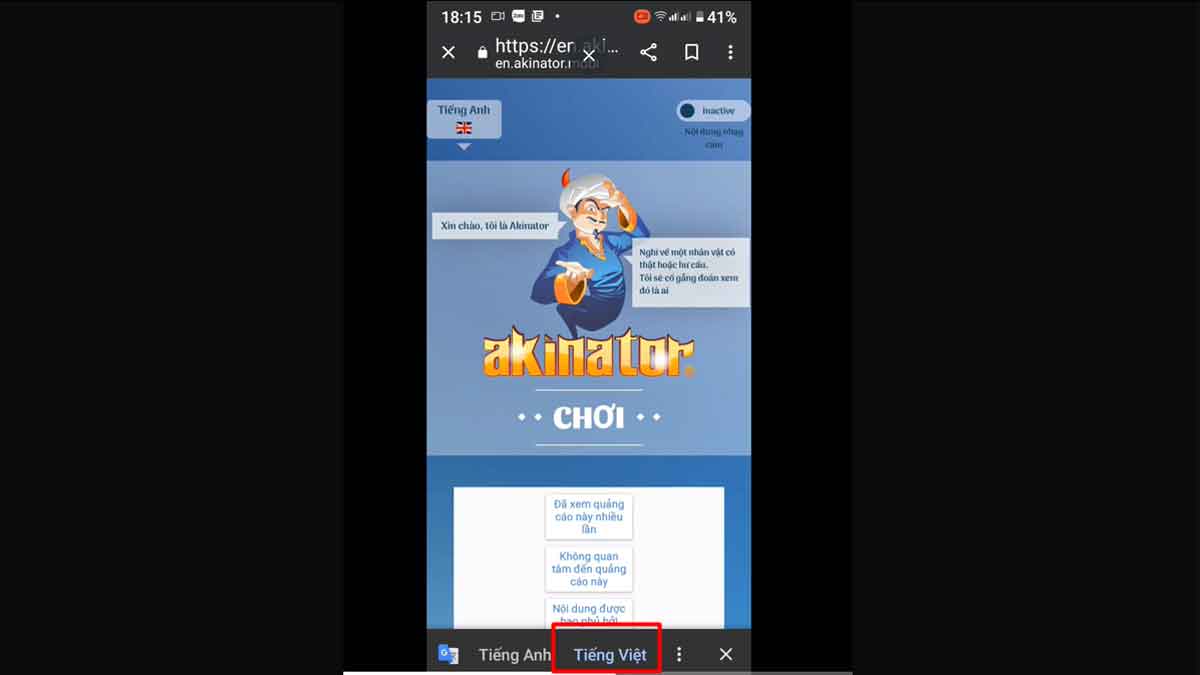 Hướng dẫn cách chơi Akinator tiếng Việt trên điện thoại Android bước 2