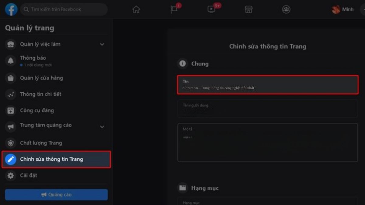 Cách đổi tên trang Fanpage Facebook trên máy tính bước 2