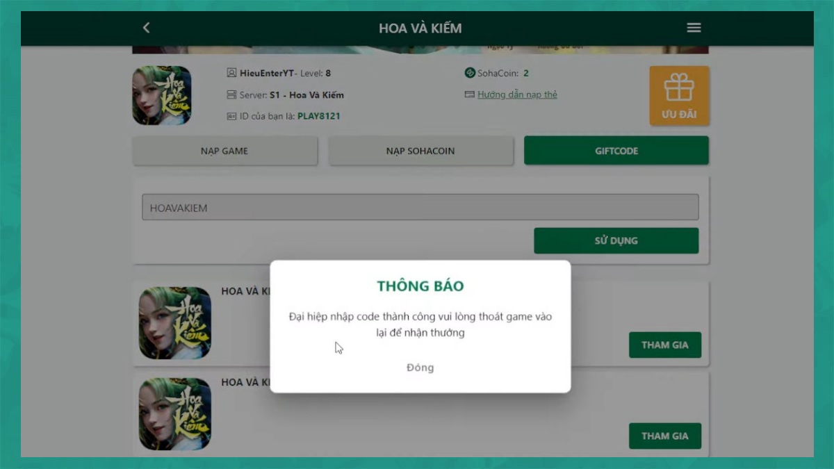 Hướng dẫn cách nhập code Hoa và Kiếmbước 4