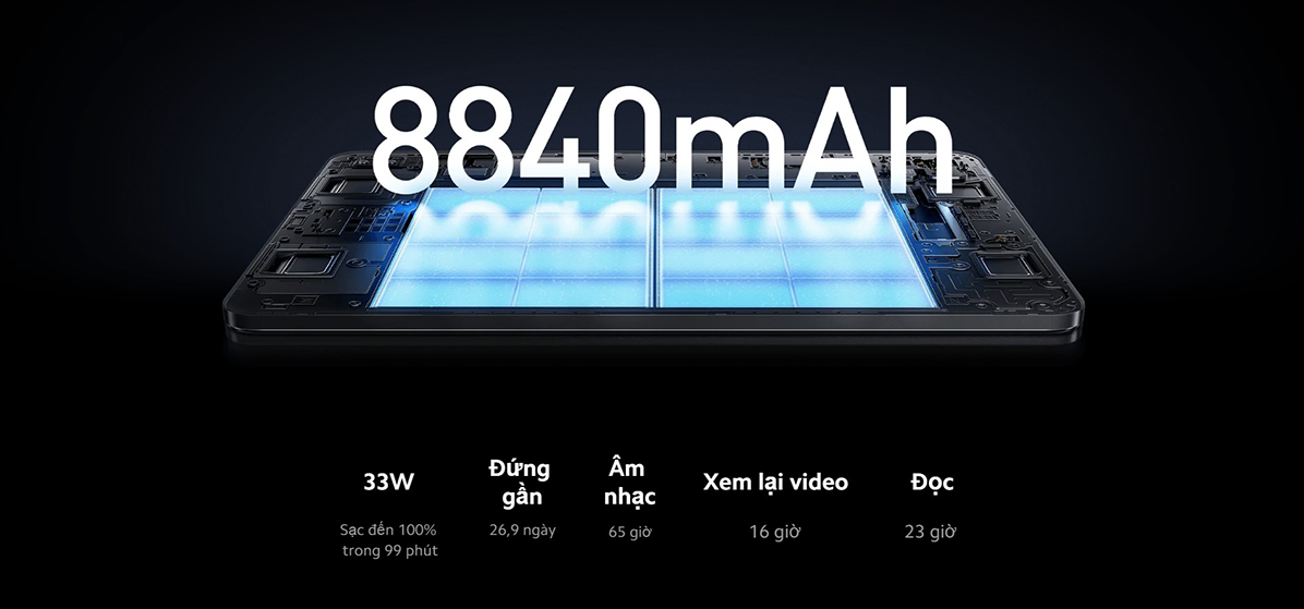 Xiaomi Pad 6 sở hữu viên pin lớn 8840mAh và sạc nhanh đến 33W
