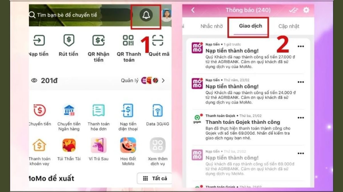 Hướng dẫn cách xóa lịch sử giao dịch Momo bước 2