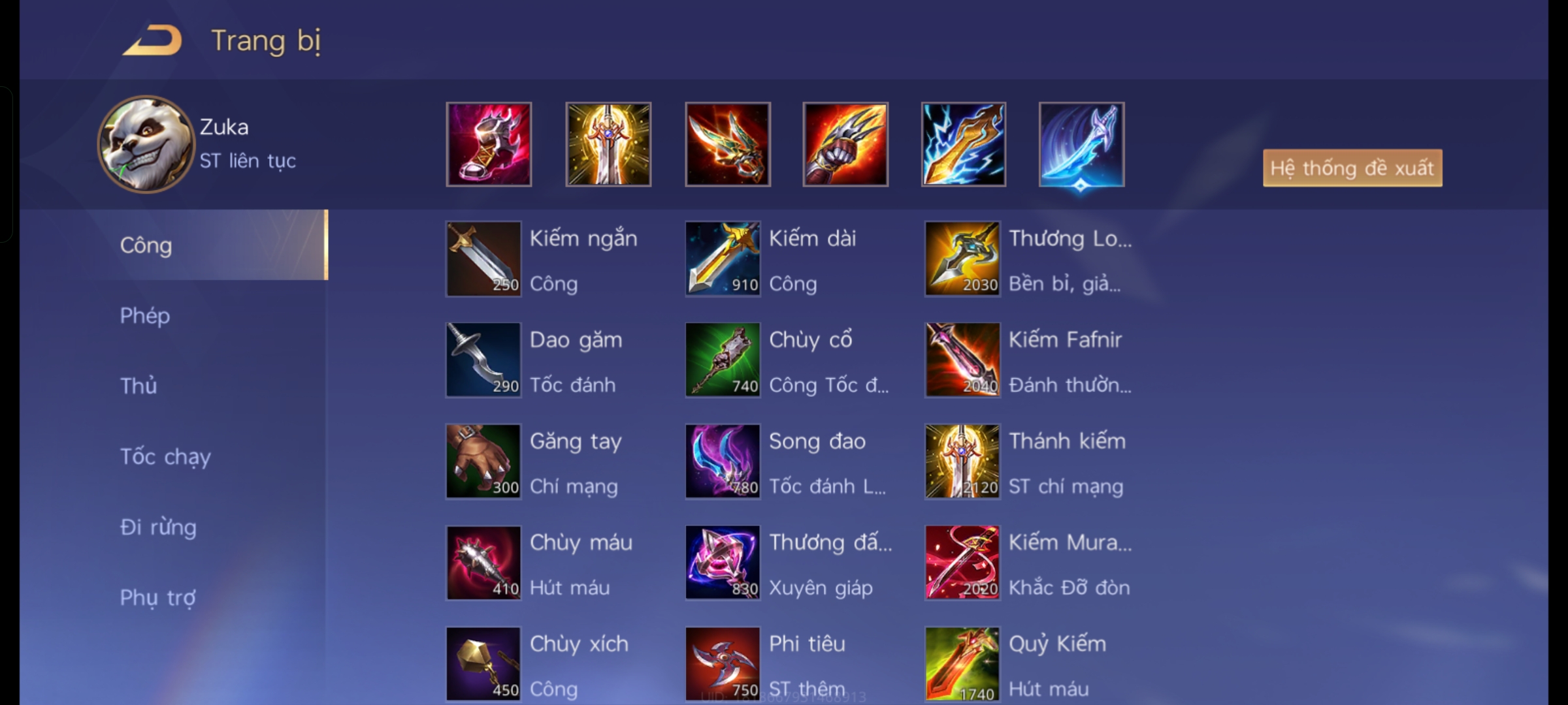 Trang bị Zuka full chí mạng 