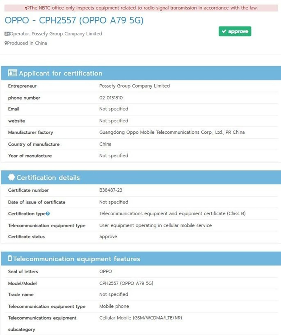 OPPO A79 5G đạt chứng nhận NBTC