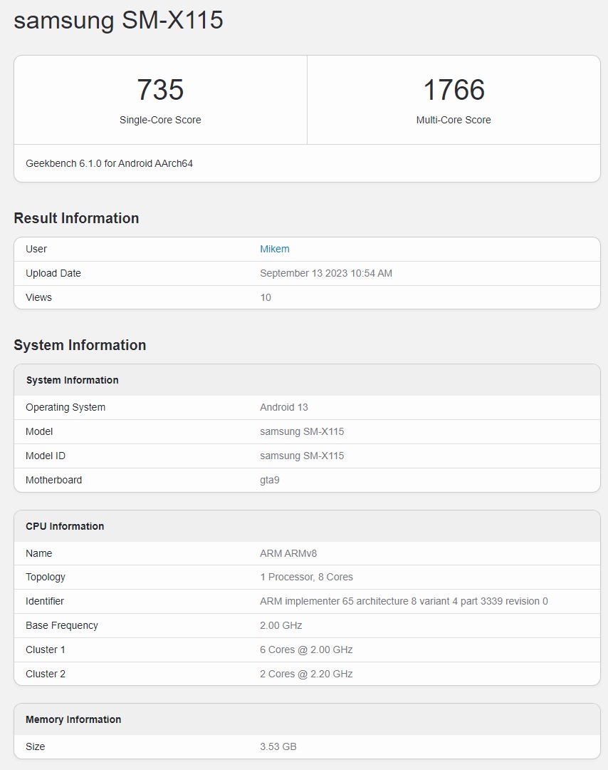 Samsung Galaxy Tab A9 Geekbench