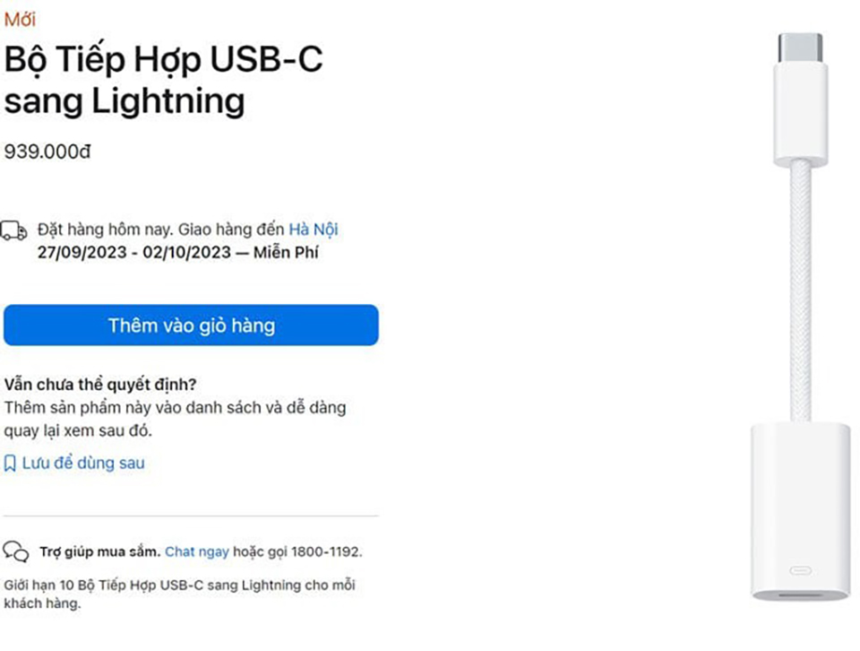 Giá bán bộ chuyển cổng USB-C thành Lightning của Apple trên website chính thức của Apple