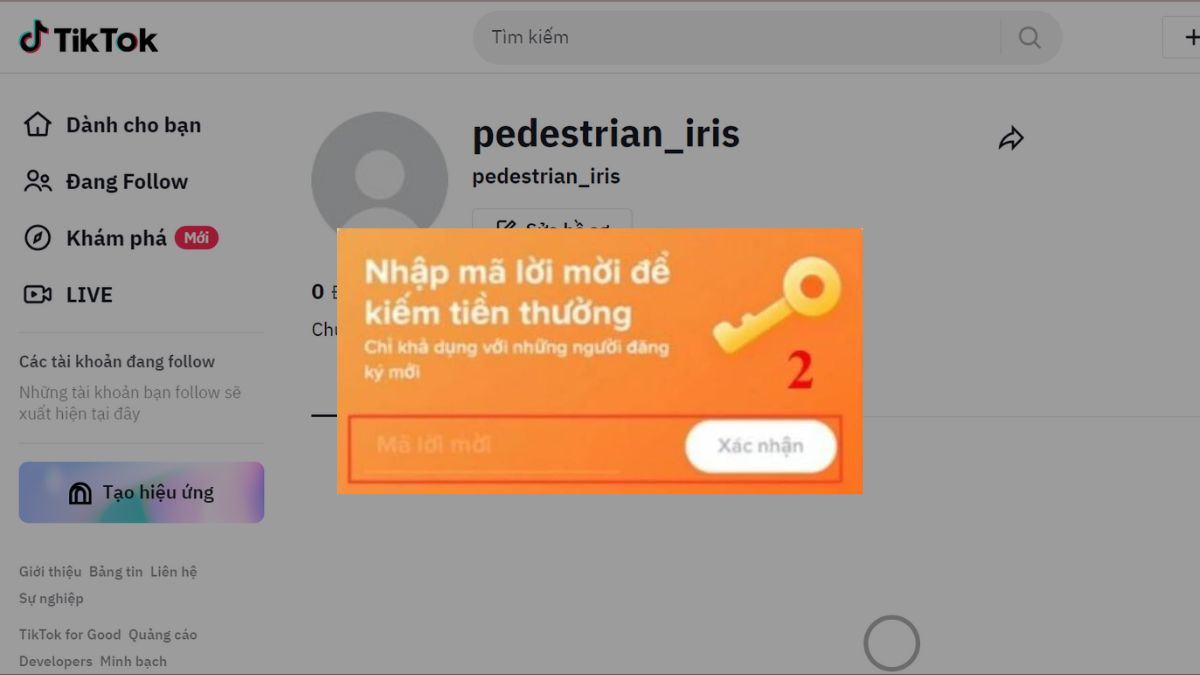 Cách nhập mã lời mời TikTok trên máy tính bước 3