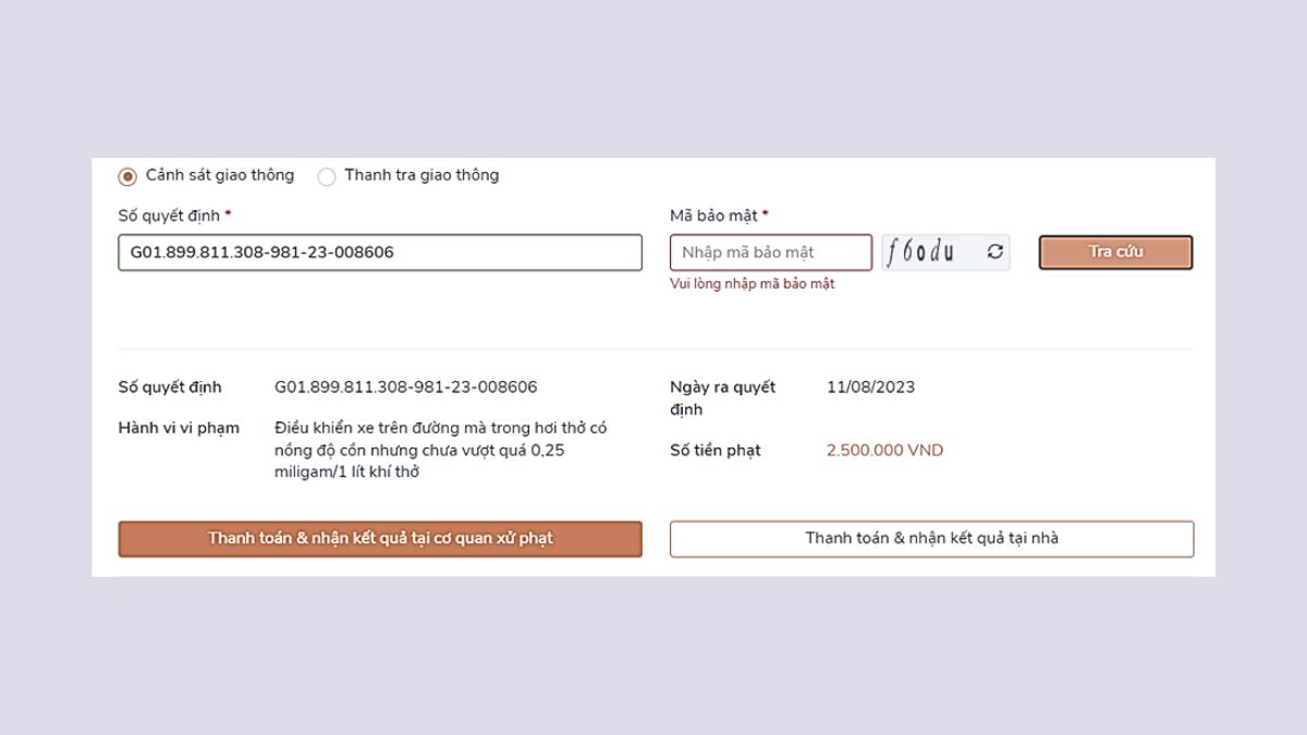 Thanh toán và nhận kết quả tại cơ quan xử phạtkhi nộp phạt vi phạm giao thông online bước 7 