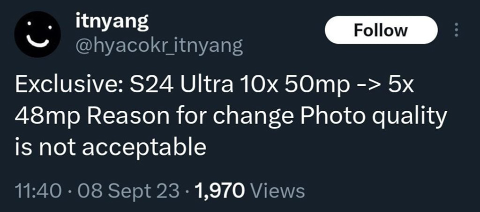 Galaxy S24 Ultra sẽ có camera tele 48MP thay vì 50MP