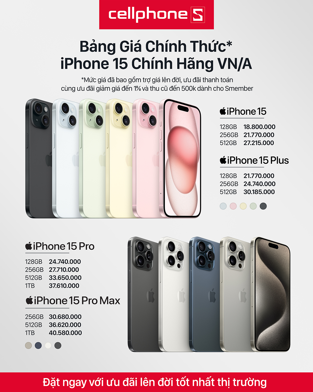 Bảng giá iPhone 15 Series đã bao gồm khuyến mãi