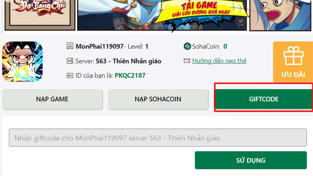 Hướng dẫn cách nhập code Đại Bang Chủ bước 2