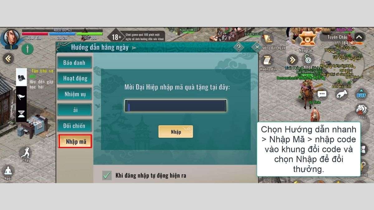 Hướng dẫn cách nhập code Kiếm Hiệp Tình 2 Mobile bước 2