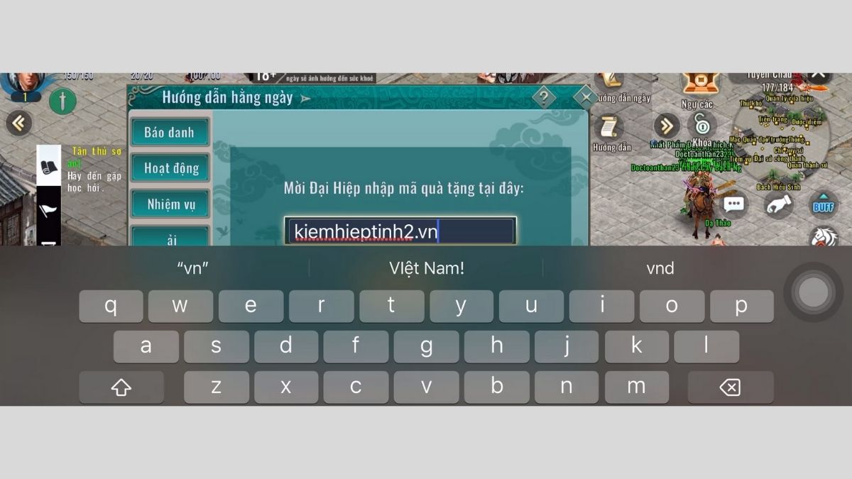 Hướng dẫn cách nhập code Kiếm Hiệp Tình 2 Mobile bước 3
