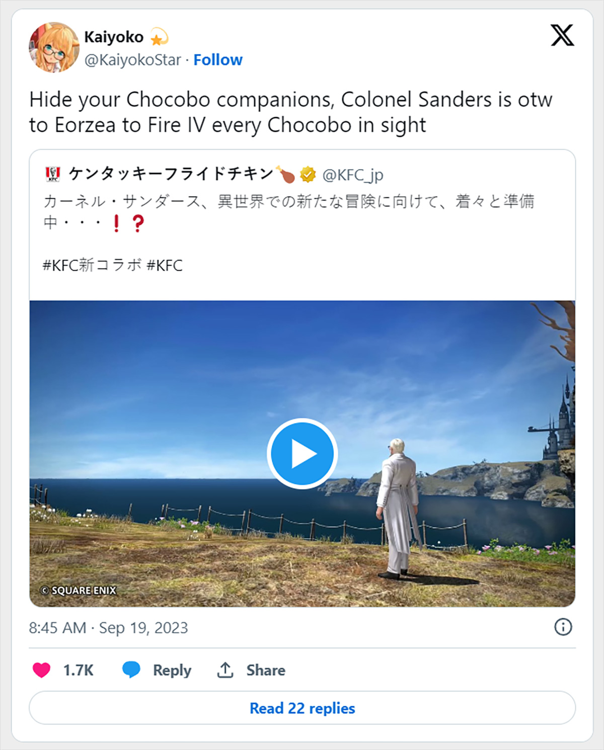 Cụ tổ gà rán KFC xuất hiện trong Final Fantasy XIV, game thủ hò nhau giấu Chocobo