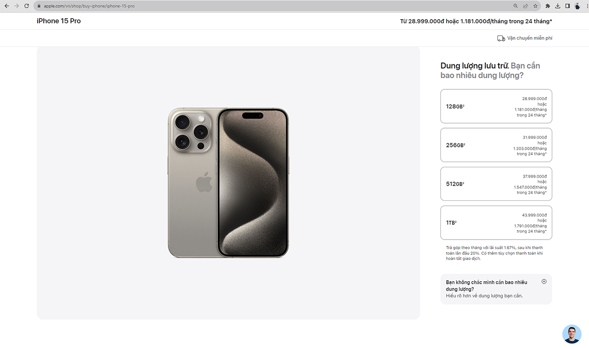 Giá bán của iPhone 15 Pro được niêm yết tại website bán hàng của Apple