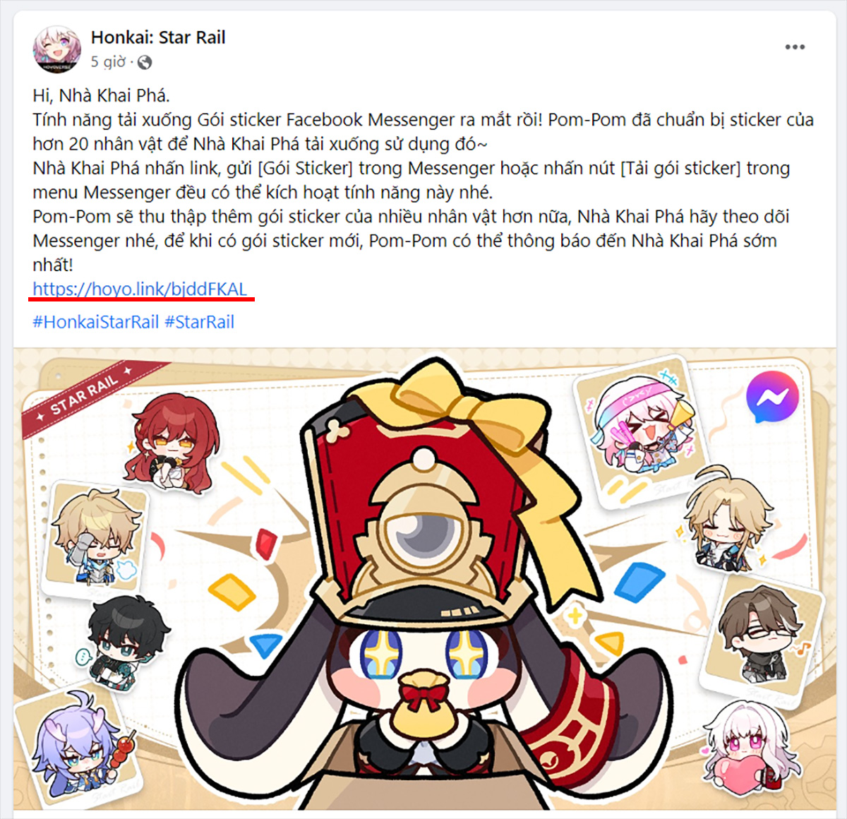 Tải bộ sticker Honkai: Star Rail từ bot Messenger