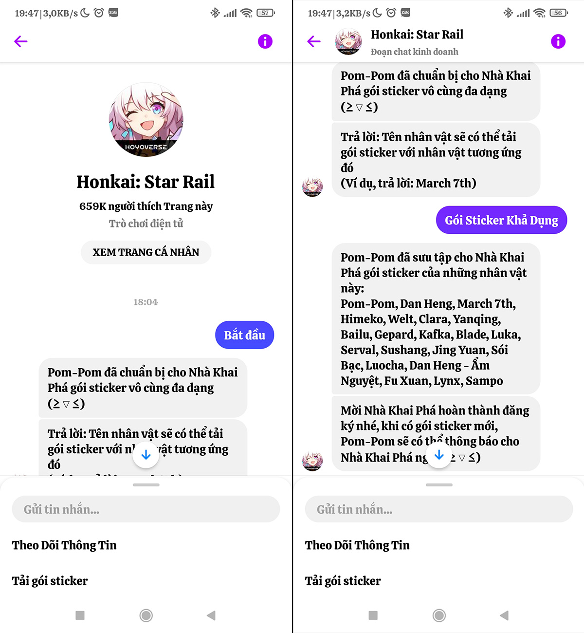 Tải bộ sticker Honkai: Star Rail từ bot Messenger