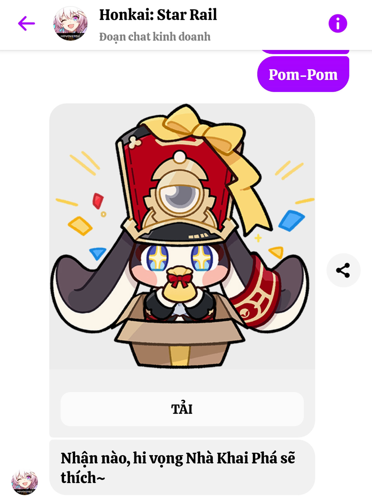 Tải bộ sticker Honkai: Star Rail từ bot Messenger