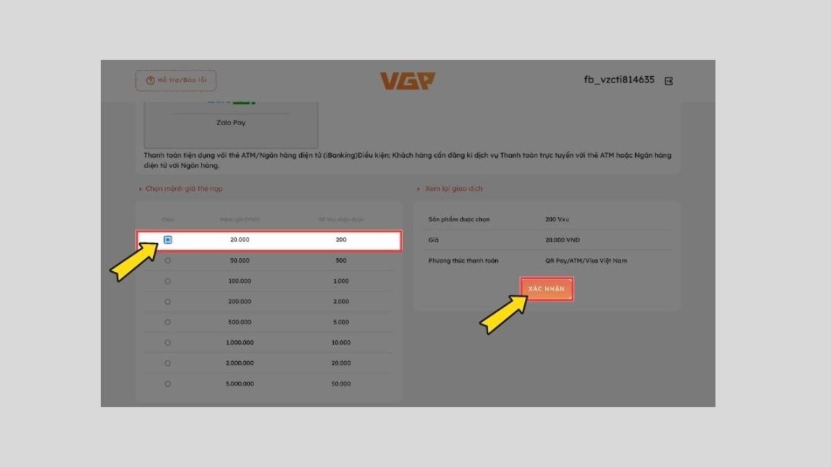 cách nạp kỷ nguyên GenZ bằng thẻ ngân hàng bước 2