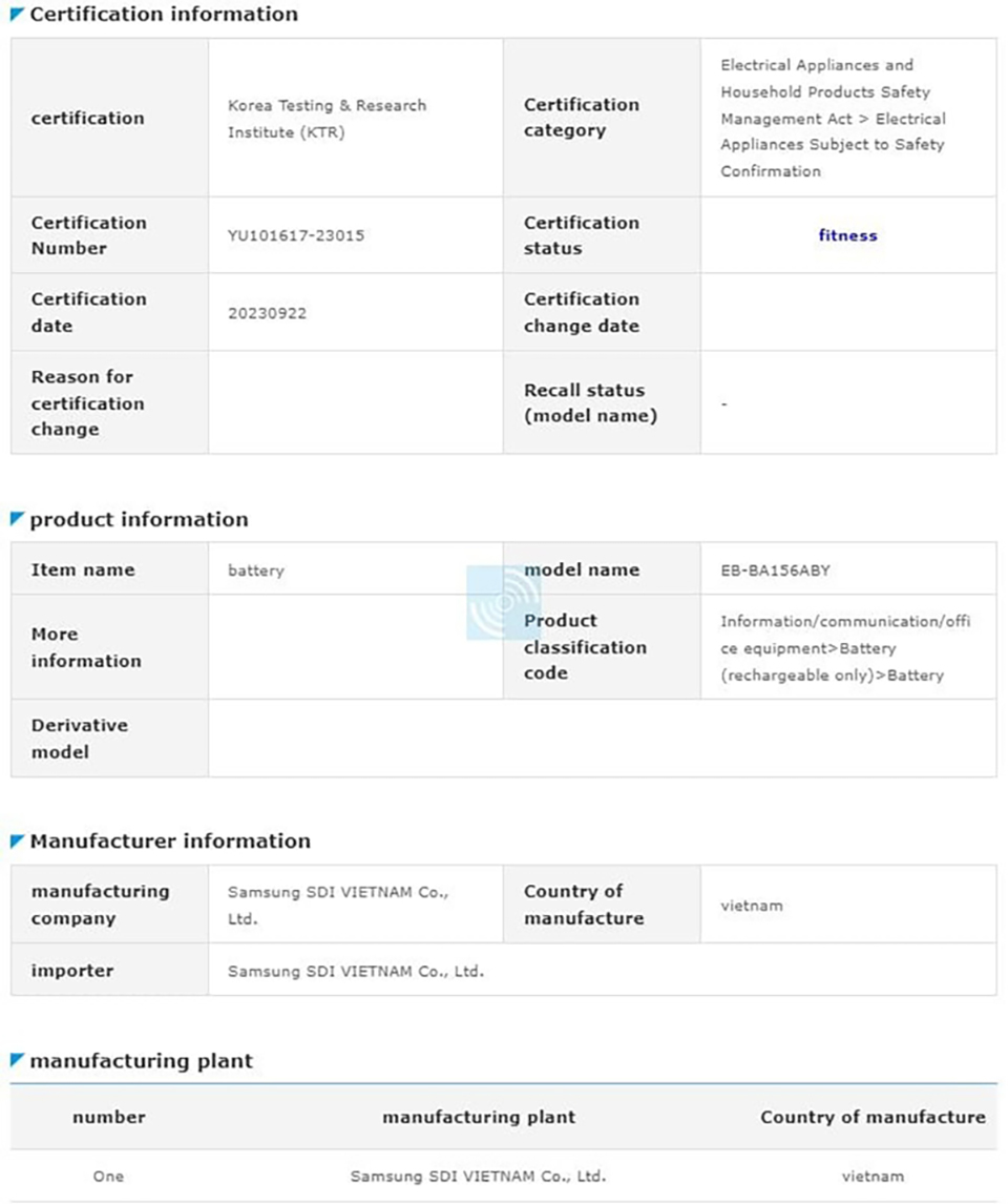 Pin Galaxy A15 đạt chứng nhận Safety Korea