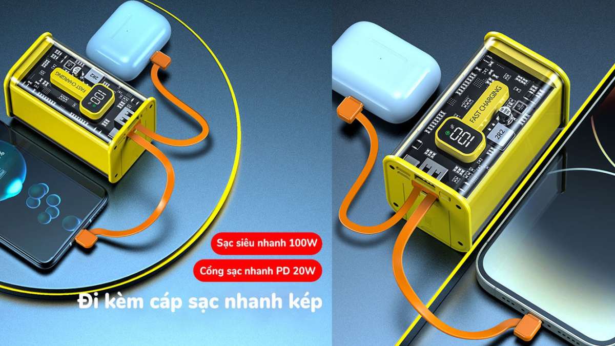 Top pin sạc dự phòng trong suốt giá tốt - Pin 100W Cyberpunk 30000mAh