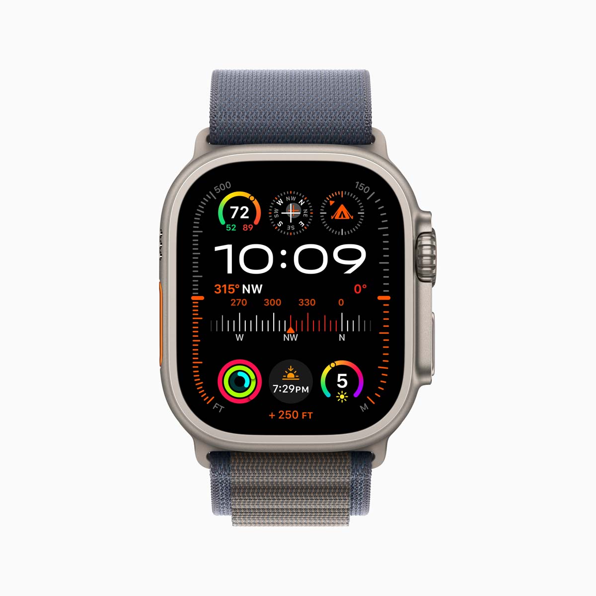 Mặt đồng hồ Mô-đun Ultra tận dụng màn hình lớn của Apple Watch Ultra, hiển thị dữ liệu thời gian thực trên các cạnh ngoài, bao gồm thông số giây, độ cao hay độ sâu.