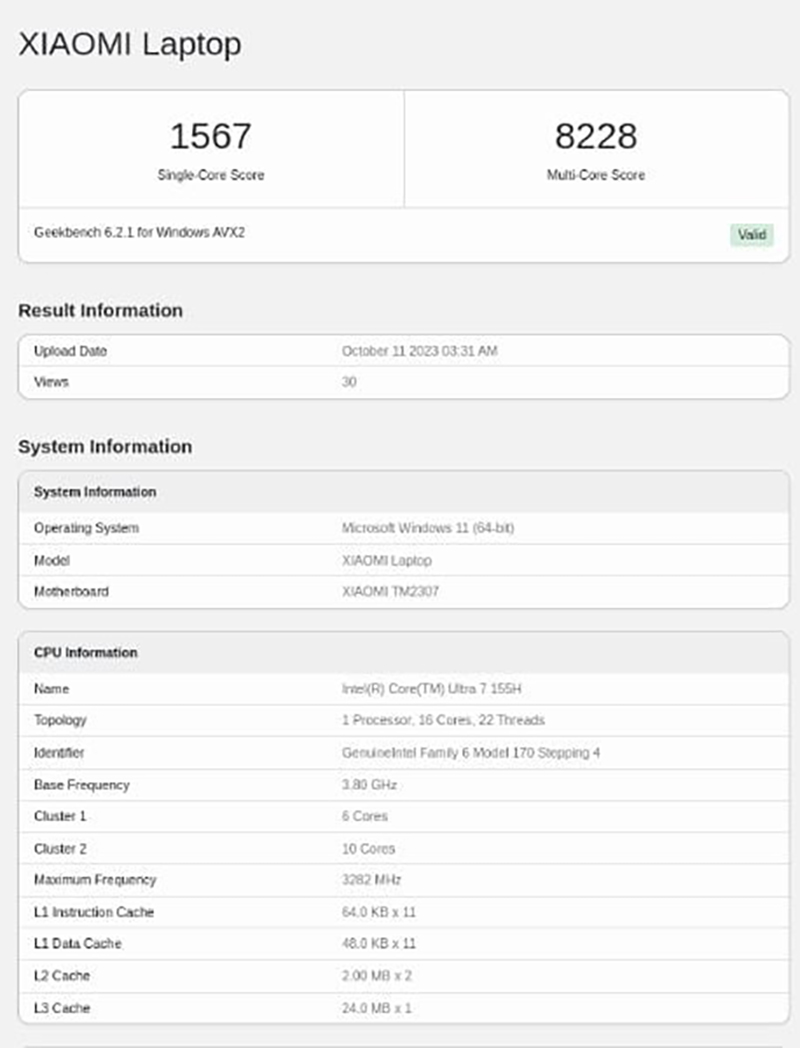 Laptop Xiaomi được phát hiện với bộ xử lý Intel Meteor Lake