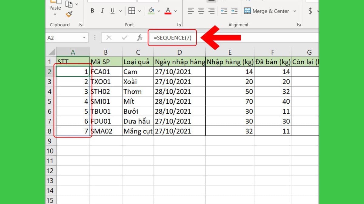 Cách đánh số thứ tự tự động nhảy trong Excel bằng hàm SEQUENCE