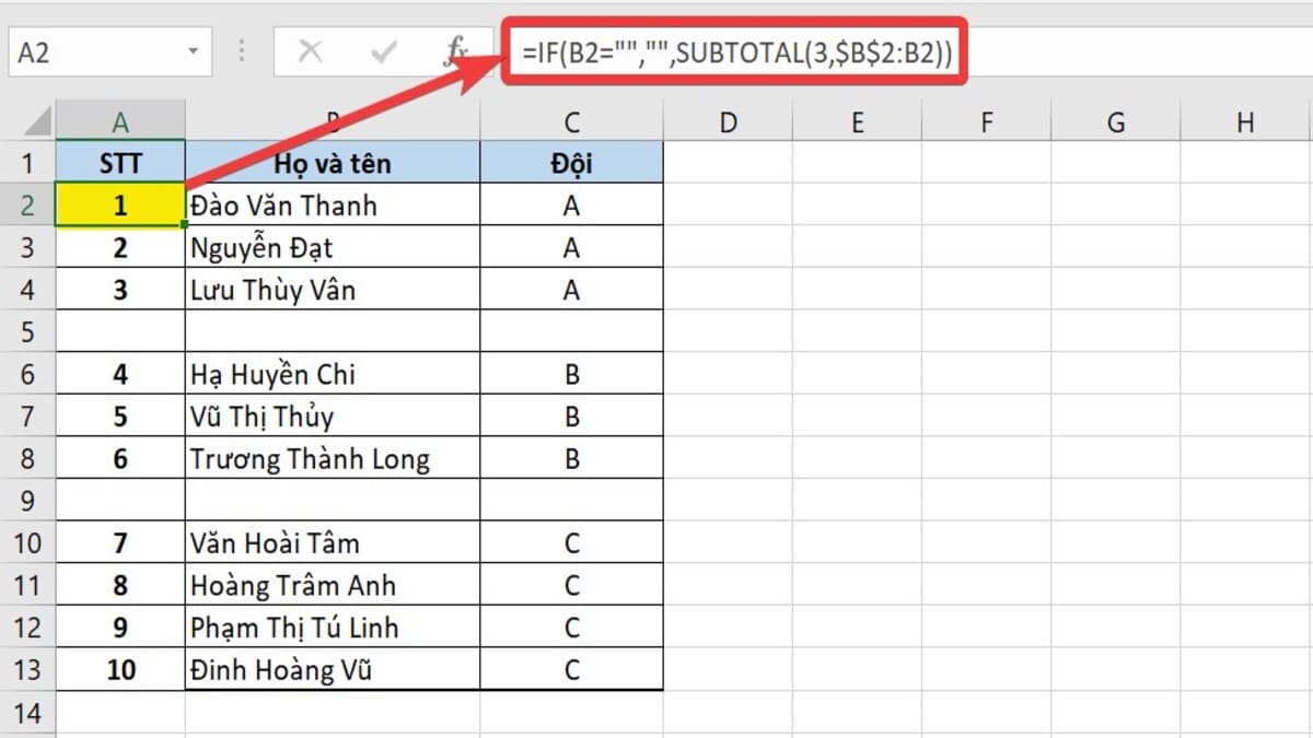 Sử dụng hàm SUBTOTAL và IF để đánh số thứ tự trong Excel bước 2