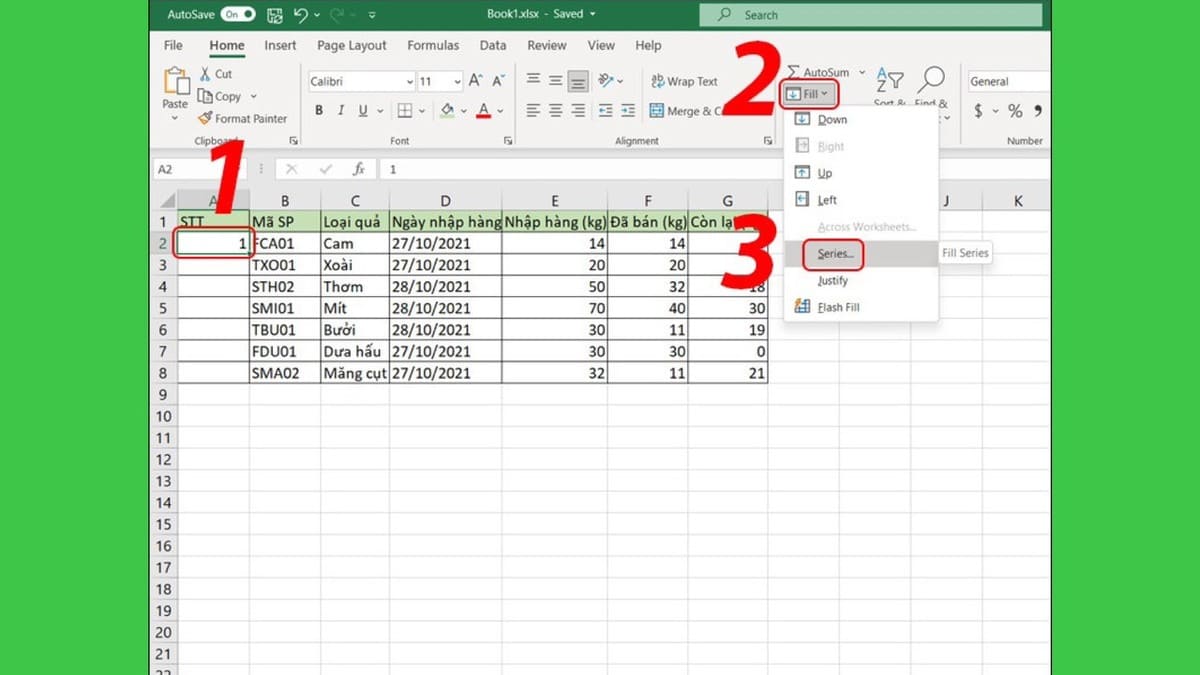 Sử dụng Auto fill để đánh số thứ tự tự động trong Excel bước 1