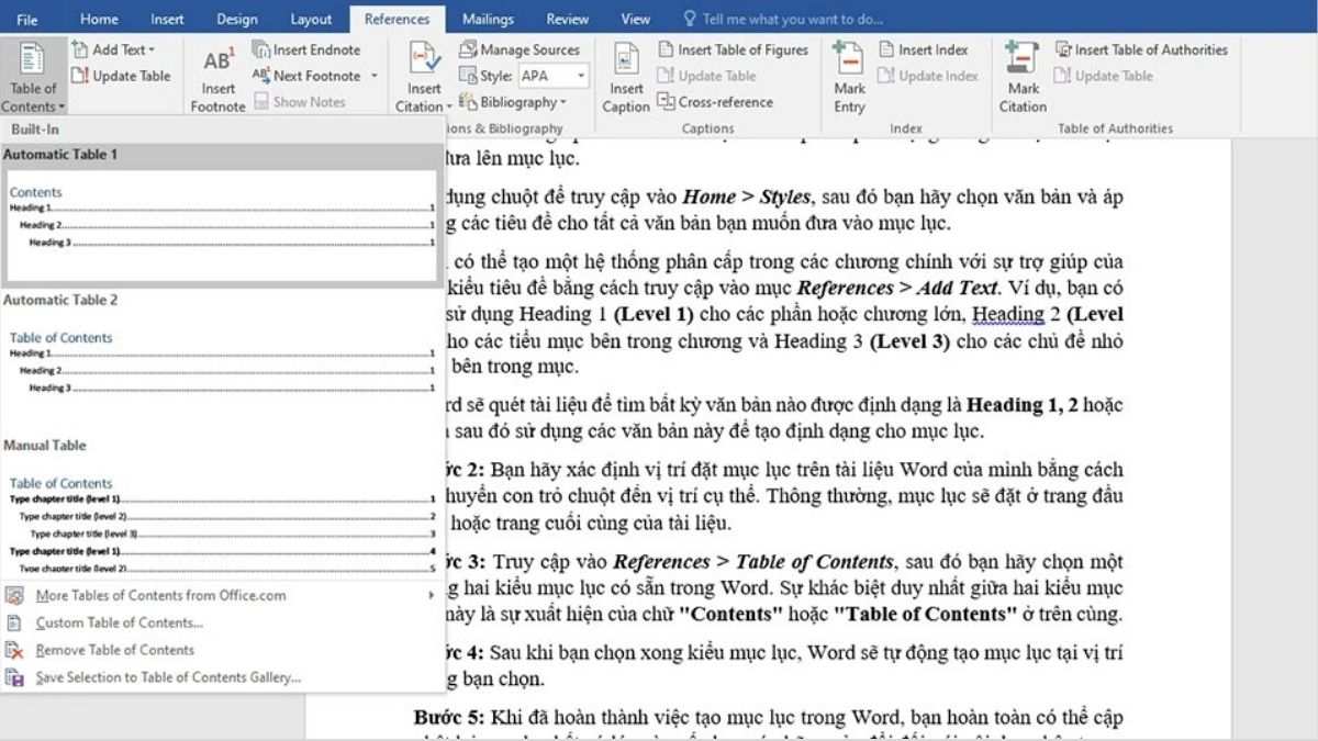 Cách tạo mục lục trong Word