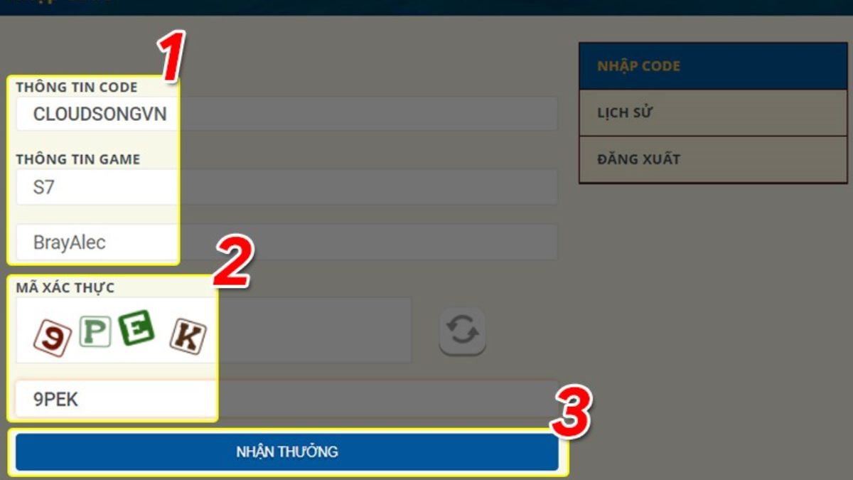Hướng dẫn cách nhập code Cloud Song - bước 3