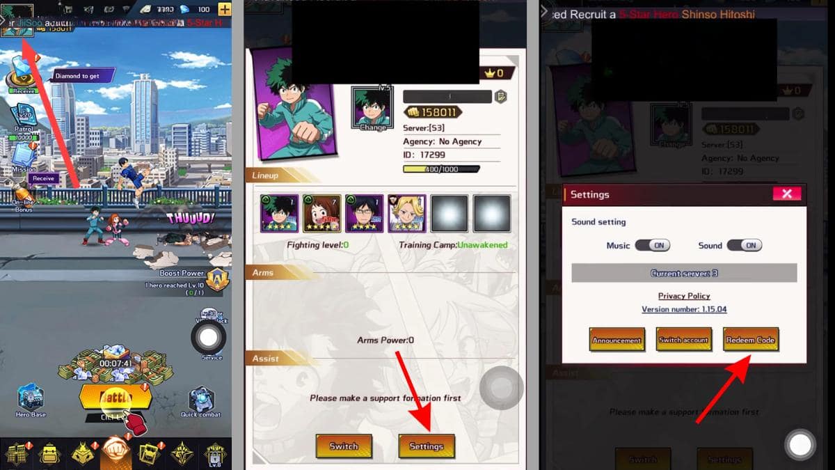 Hướng dẫn cách nhập code MHA Rise of Heroes bước 3