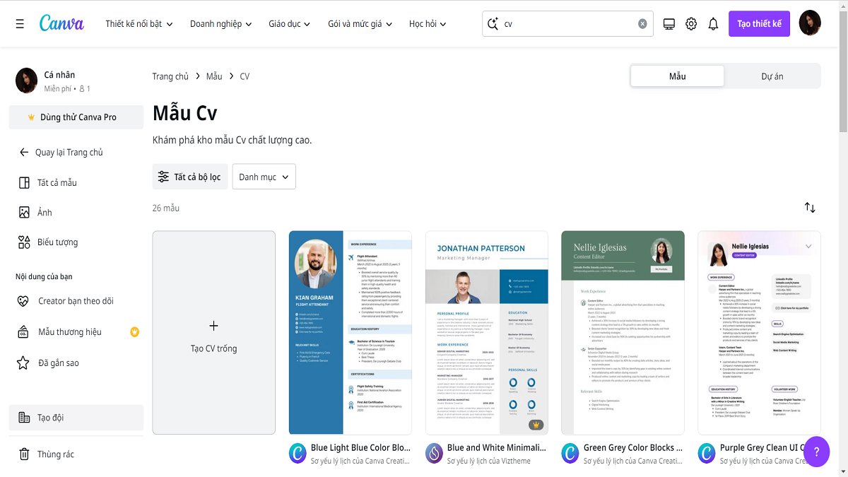 Hướng dẫn tạo CV trên Canva bằng mẫu template có sẵn bước 3