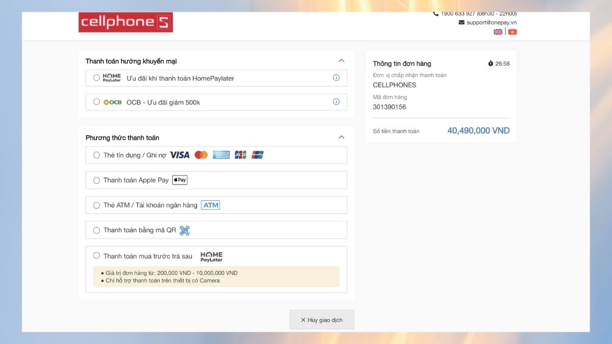 Thanh toán mua hàng online tại CellphoneS bằng Visa/Master/JCB/ Napas 2