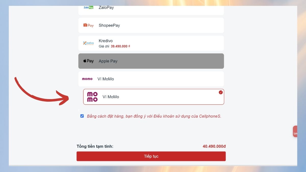 Thanh toán mua hàng online tại CellphoneS bằng ví Momo 4
