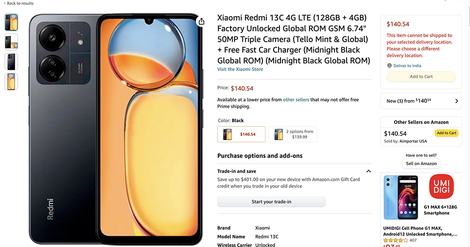 Redmi 13C được liệt kê trang trang web bán hàng Amazon