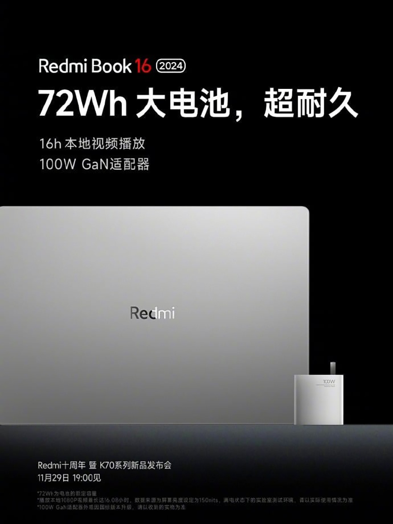 Redmi Book 16 (2024) có pin 72Wh