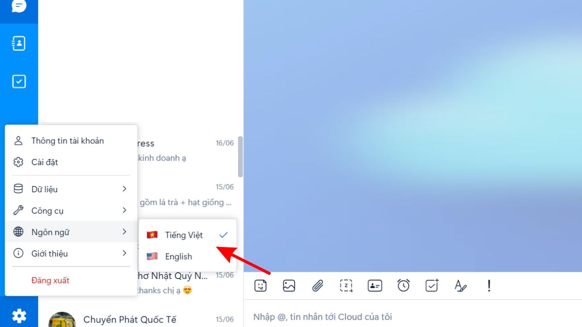 Cách thay đổi ngôn ngữ Zalo trên trình duyệt web bước 3