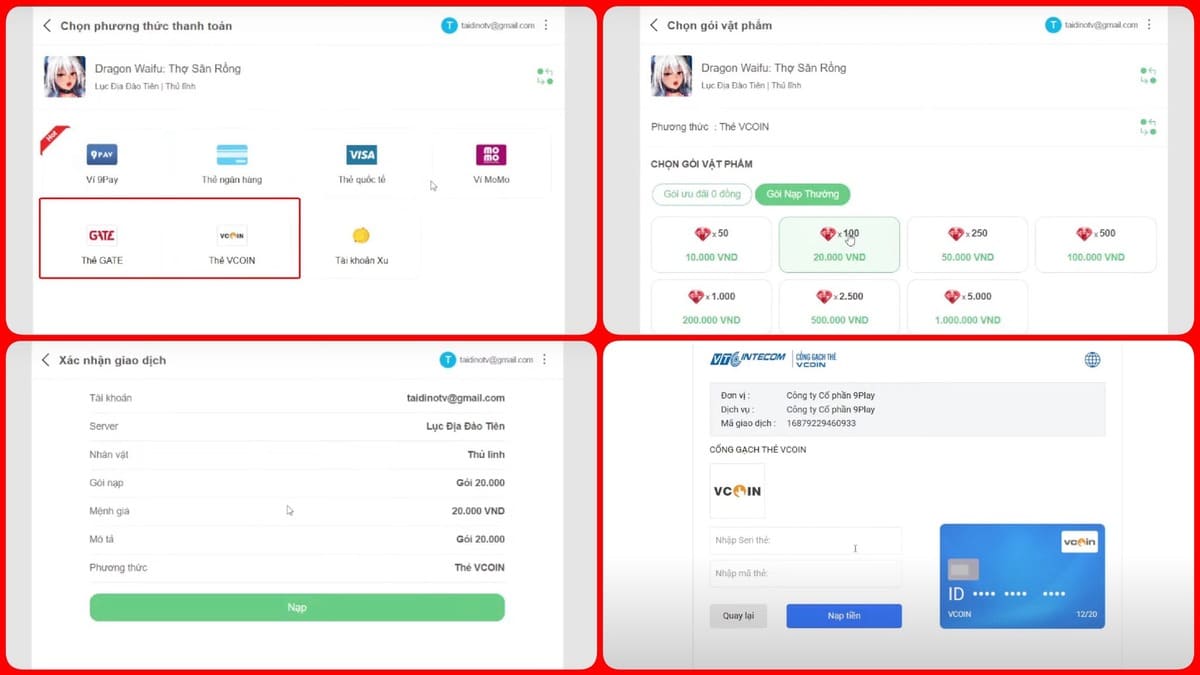 Hướng dẫn cách nạp Dragon Waifu qua thẻ Vcoin và gate