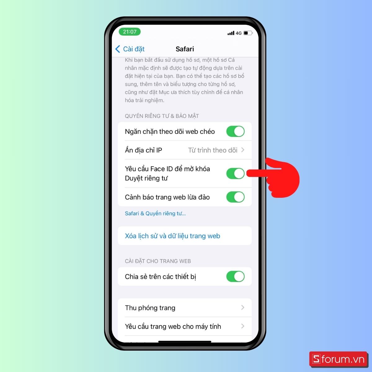Bảo vệ Duyệt riêng tư trong Safari bằng Face ID - bước 2