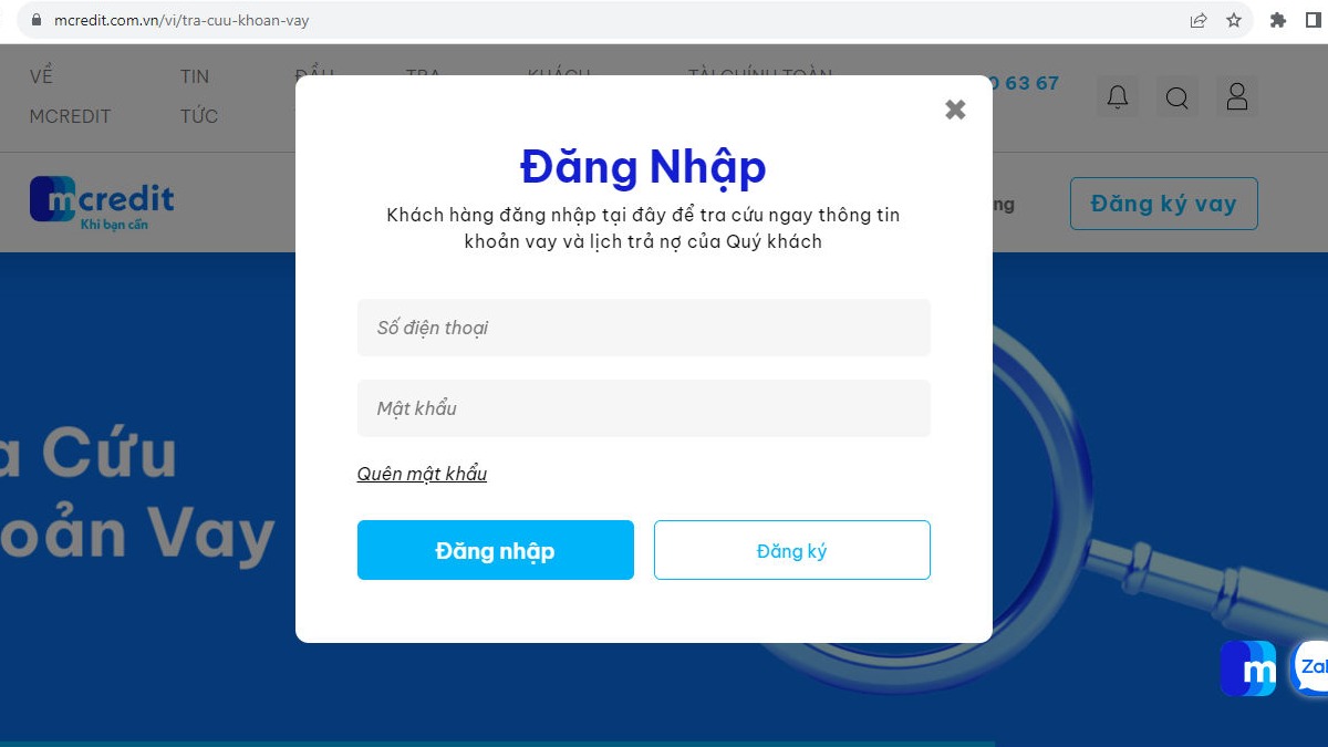 Tra cứu khoản vay Mcredit qua trang web bước 2