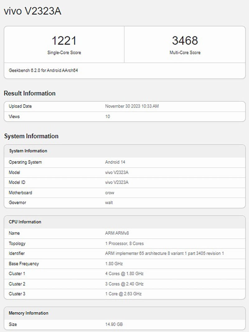 vivo S18 xuất hiện trên Geekbench