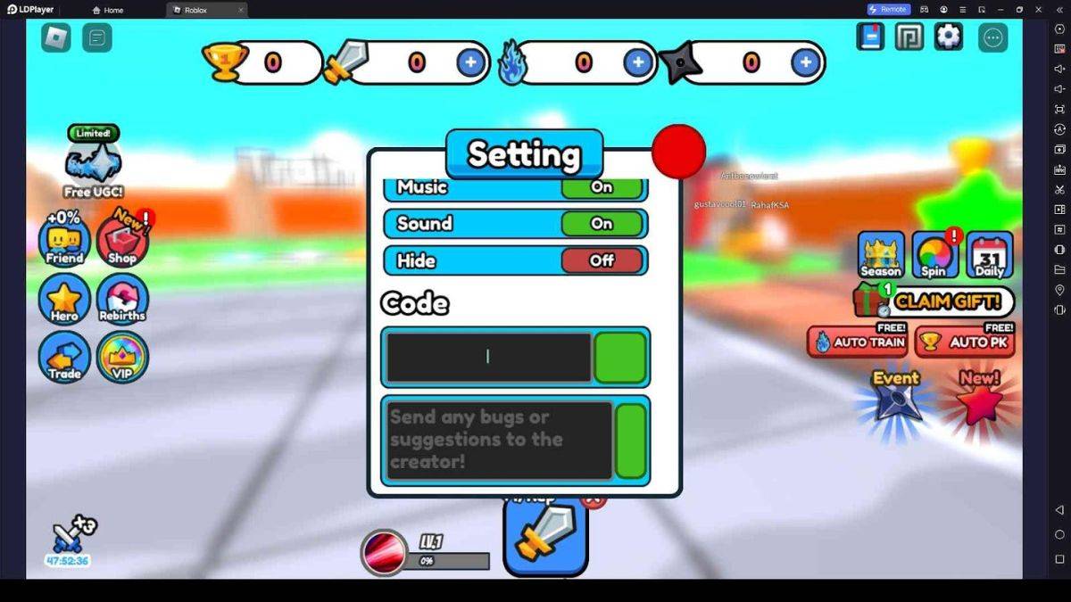 Hướng dẫn cách nhập code Anime Energy Clash Simulator bước 2
