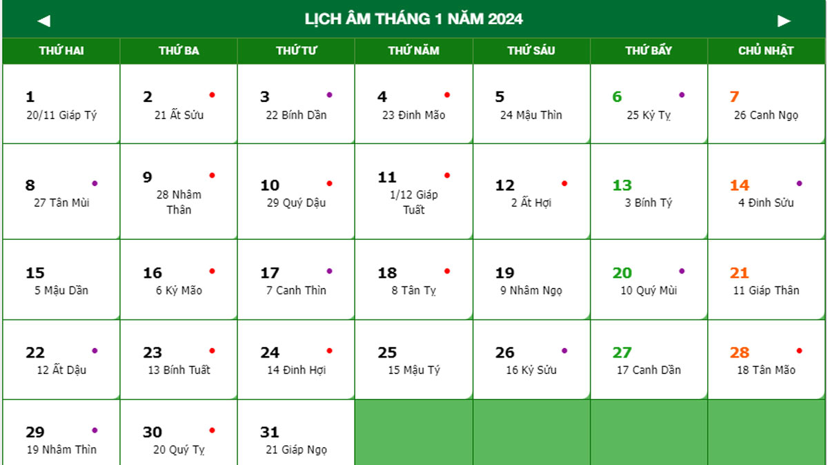 Xem lịch âm tháng 1 năm 2024