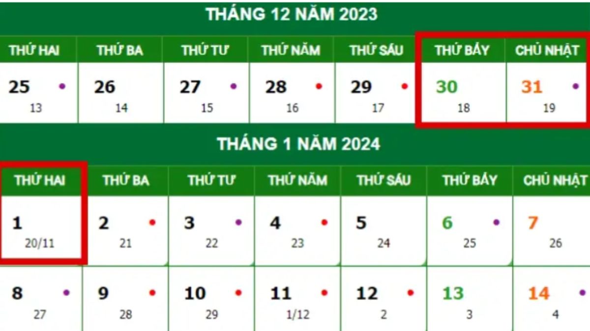 Lịch nghỉ Tết Dương lịch 2024