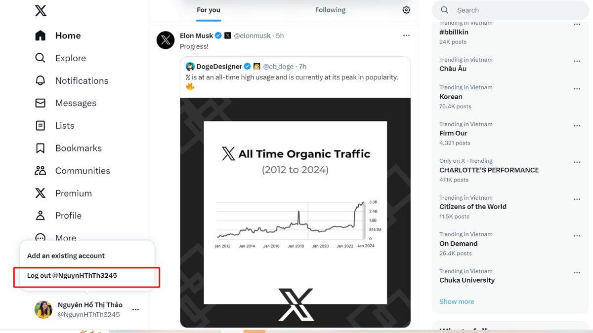 Cách đăng xuất tài khoản Twitter đơn giản nhất bước 2