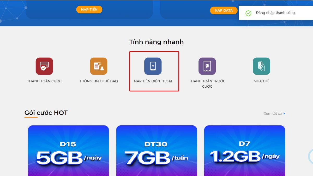 Cách nạp thẻ VinaPhone online qua website nhà mạng bước 2