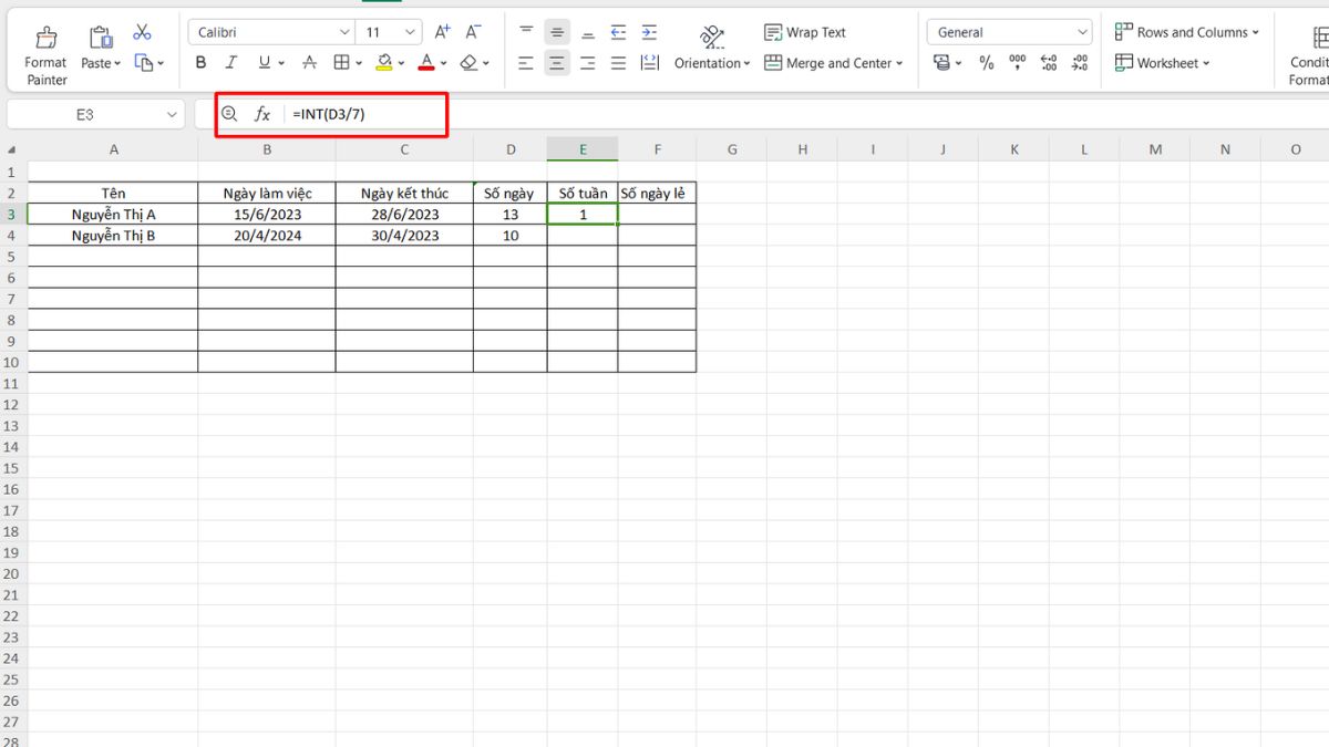 Cách sử dụng hàm INT và MOD trong Excel 