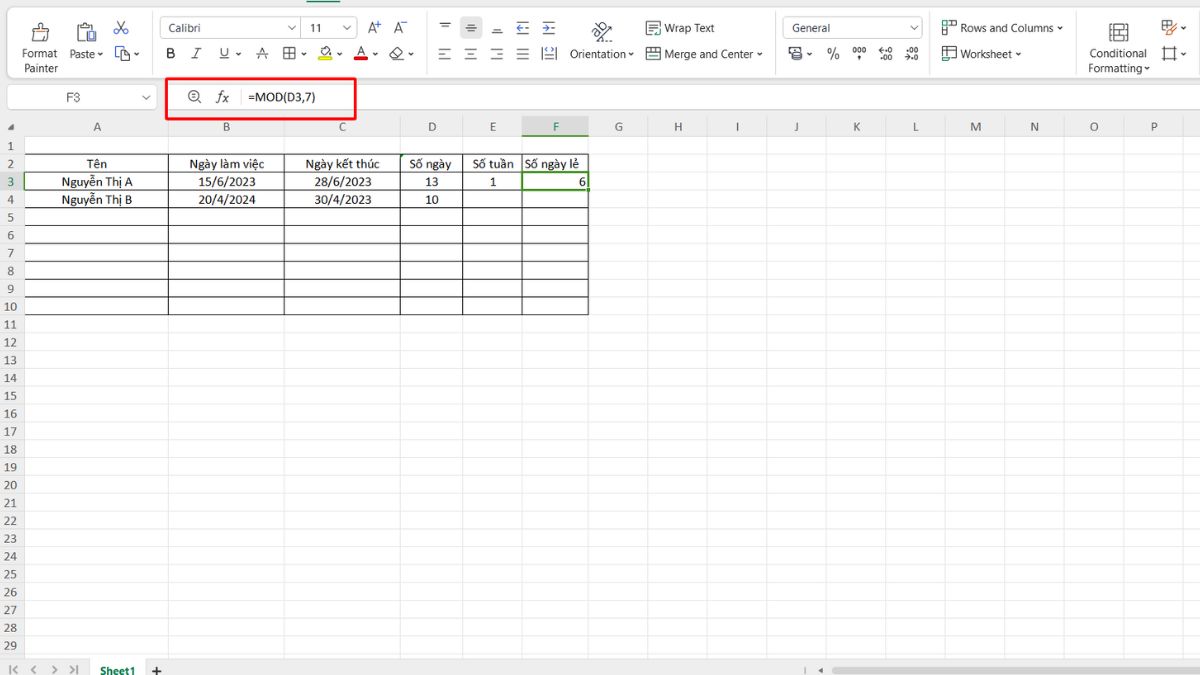 Hoàn thành cách sử dụng hàm INT và MOD trong Excel 