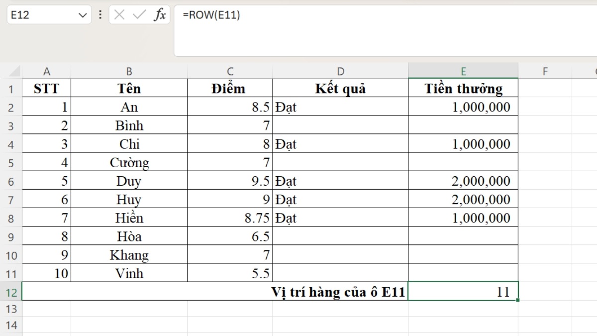 Cách sử dụng hàm thống kê trong Excel - Hàm ROW